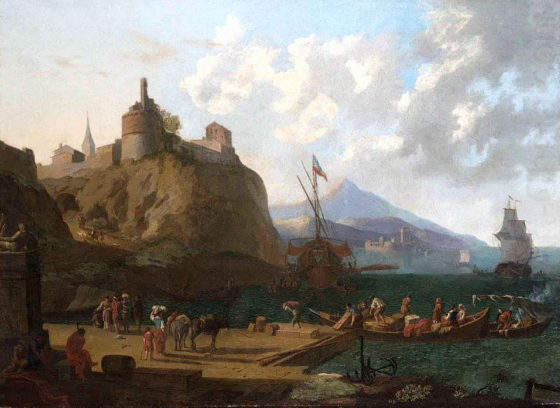 Adriaen Coorte A  mediterranean harbour scene with numerous figures on a que beneath a fort